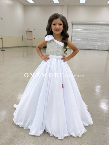 Beaded One Shoulder Chiffon Pageant Gown with Bow