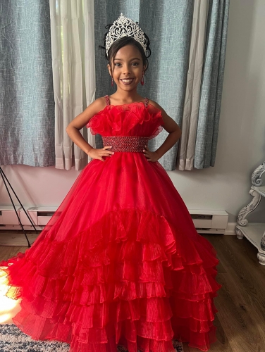 Red Ruffled Pageant Gown with Stoned Waist