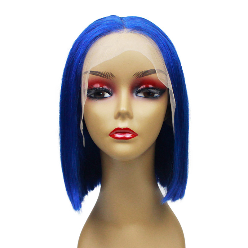 13A Customize High Quality Blue BOB Lace Frontal wig 180% Density Straight Short BOB Hair Virgin Hair 13x4 Lace Frontal Human Hair