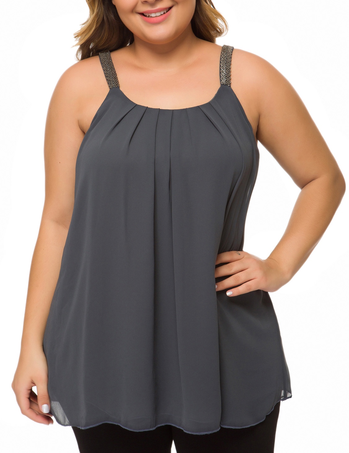 Women Plus Size Cami Casual Pleated Chiffon Tank Top Strap Gray 4070