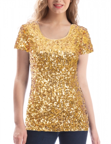 Women Full Sequin Tops Glitter Party Shirt Short Sleeve Sparkle Blouses ...