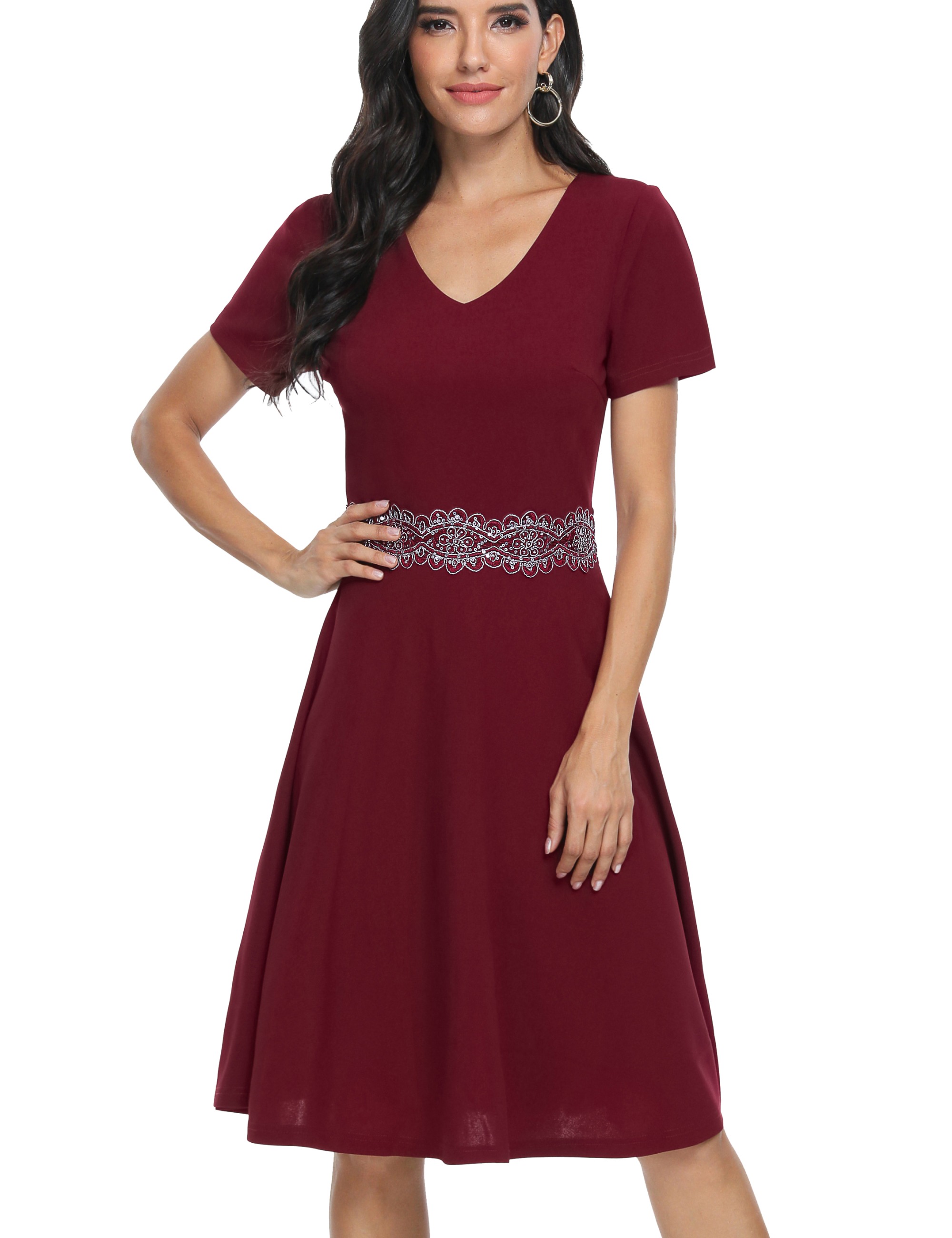 Women's V Neck Short Sleeve Cocktail Party Prom Wedding Guest A Line Dress