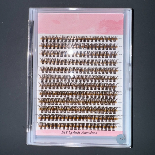 Brown color 40P DIY Cluster Lashes 8mm-16mm mixed lengths, 120 clusters, D curl