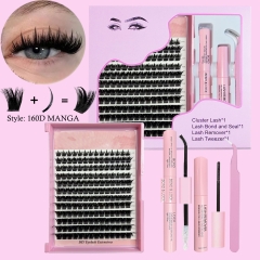 "160D MANGA" Cluster Pro Kit : DIY Cluster Lashes 160D with spikes in the middle 8mm-16mm D curl with 1 glue bond & seal ,1 remover, 1 tweezer