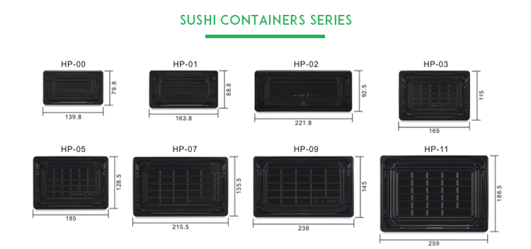 HP-09, HP series sushi containers, Available in 8 usual sizes for sushi packaging