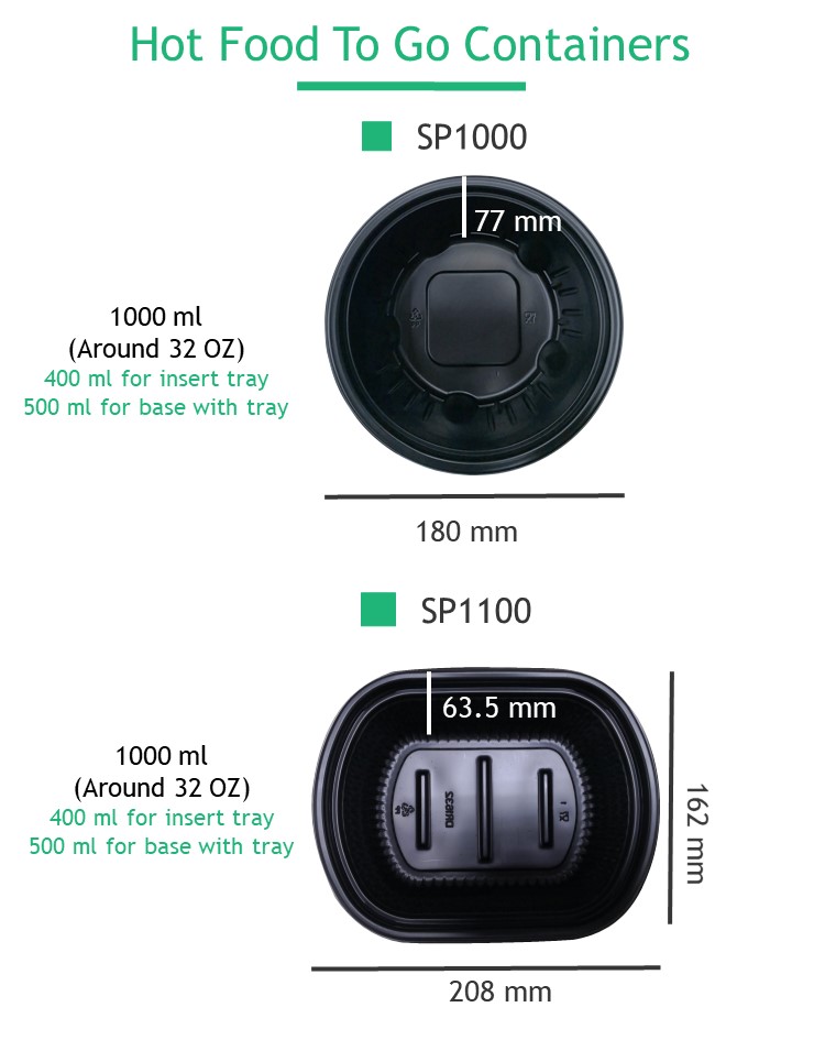 SP1000 is 7 inch round disposable plastic food bowl. SP1100 is 8x6 inch rectangular disposable plastic food container.