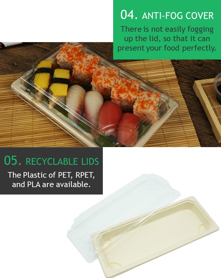 The EG series biodegradable sushi tray is made from natrual bamboo pulp and sugarcane pulp.