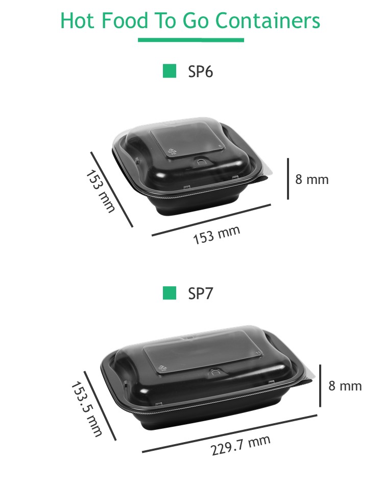 The number with the item number represents the length of the container, for example, SP 6 is 6 inch square food container.