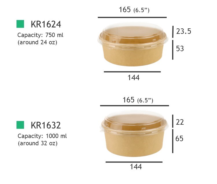 Harvest Food Packaging- KR Series Disposable Kraft Paper Round Bowl With Plastic  Lid, 150mm, 165mm, 183mm