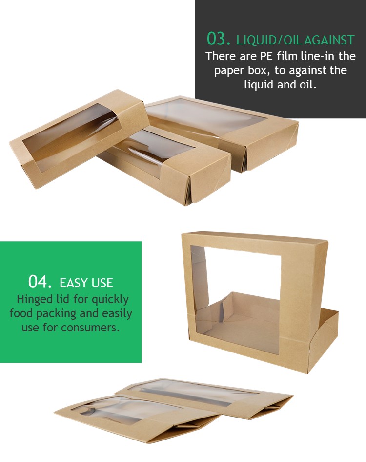 PE coating paper box, water proof, oil proof, kraft food box with window, hinged lid paper box