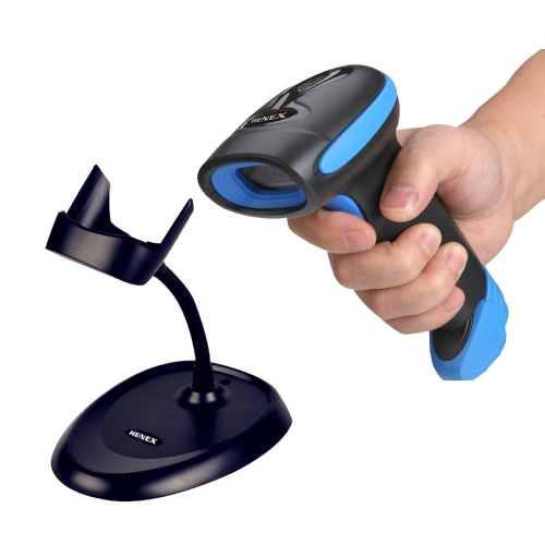 HENEX Handheld HC-3208R Wireless Barcode Scanner 2D Barcode Scanner 2 in 1 Connection USB With Stand Rechargeable Use (Blue)