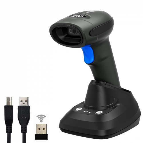 LENVII CW999 1D/2D/2D Barcode Scanner Wireless 2.4GHZ Wired 2-in-1 Barcode Reader with Charging Base, One-key Pairing and Offline Storage (Black)