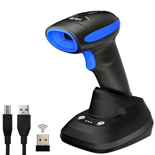 LENVII CW999 1D/2D/2D Barcode Scanner Wireless 2.4GHZ Wired 2-in-1 Barcode Reader with Charging Base, One-key Pairing, Offline Storage, Automatic Scanning (Blue)