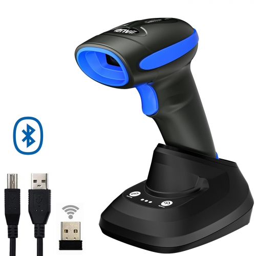 LENVII CW999 1D/2D/2D Barcode Scanner Bluetooth Wireless 2.4GHZ Wired 3-in-1 Barcode Reader with Charging Base, One-key Pairing, Offline Storage, Automatic Scanning (Blue)