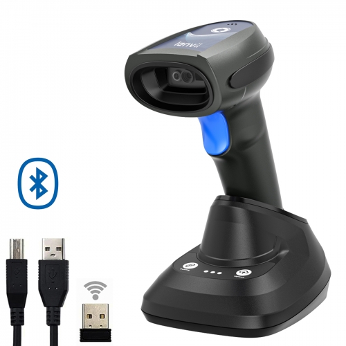 LENVII CW888 Bluetooth & Wireless 2D Barcode Scanner Handheld QR Code Scanner USB Wired 1D Barcode Reader 3 in 1 with Charging Base use for Store,Supe