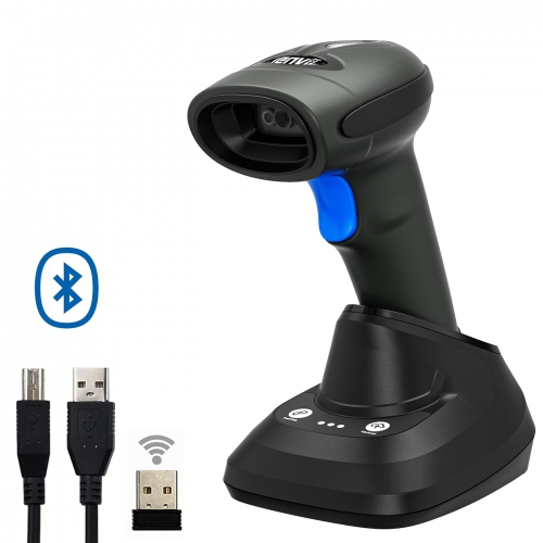 LENVII CW999 1D/2D/QR-code Barcode Scanner Bluetooth Wireless 2.4GHZ Wired 3-in-1 Barcode Reader with Charging Base, One-key Pairing and Offline Storage (Black)