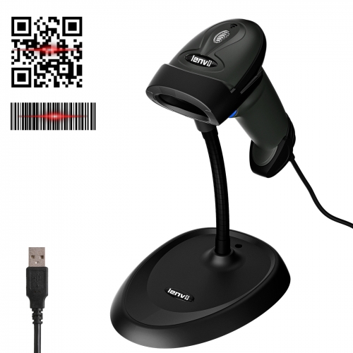LENVII C300 2D handheld Barcode reader with automatic scanning and bracket Relax your hands Applicable to government, customs, schools, hospitals and other places (black)