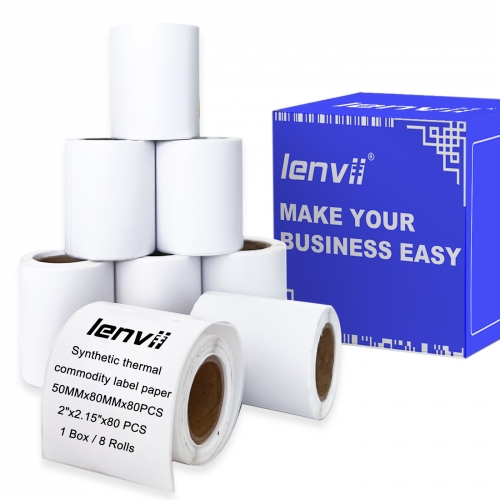 Three-proof thermal synthetic label paper, no carbon ribbon required 50mm×80mm×80Pages per roll/640pages per box (2"×3.15"×80pages), roll, core ⌀25mm, suitable for 2-3-4 inches portable thermal barcode label printers, and 2-3-4 inch thermal label barcode printers, industrial thermal label stickers, waterproof, oil-proof, high temperature resistant. Unbreakable, easy to remove, suitable for machines, furniture, plates, tableware and glass products, printing paper for barcode scales, and commonly used product labels.