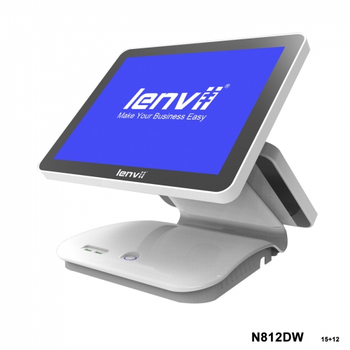 LENVII N812DW POS Terminal 15in+12in Square Touch Monitor(I3+4GB+64GB SSD+WIFI/BLUETOOTH) white