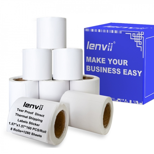 40mmˣ40mmˣ160pcs(1.57"ˣ1.57") 4-proof Thermal Label Sticker Tear-proof, Water-proof, Oil-proof, Scratch-proof. Use for 2/3/4 Inches Thermal Label Printer 8Rolls/Box=1280 sheets