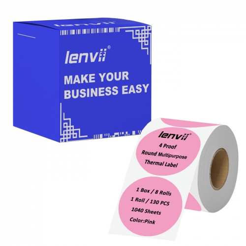 LENVII Pink 50 x 50 mm(2" x 2")Round Synthetic Thermal Label Stickers 1040 Sheets -8 Roll × 130 Label,Tear/Water/Oil/Scratch Resistant Self-Adhesive Sticker for Home,Office,Logo,Product/Gift Labeling