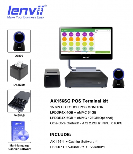AK156SG 15.6in POS Touch Terminal KIT Include Touch Monitor, Thermal Receipt Printer, Cash Drawer, Management Software