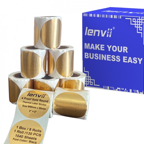 Gold Thermal Label Sticker Round Tear Resistant 50×50×130pcs/roll for Portable Label Printer, Desktop Barcode Printer, Industry Label Printer etc