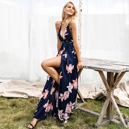 V-neck cross back tie slit floral summer dress