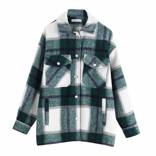 Casual plaid women blouse tweed coat Buttons pockets female blend coats Streetwear long sleeve loose ladies jackets 2020