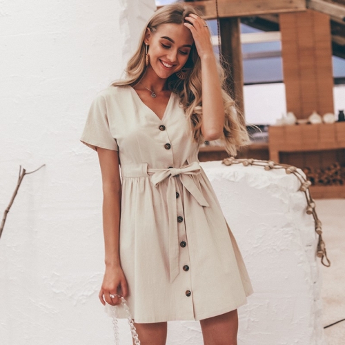 Vintage button women dress shirt V neck short sleeve cotton linen short summer dresses Casual korean vestidos 2019 festa