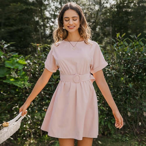 High waist women dress Belt batwing sleeve belt female summer dress Streetwear lady o-neck chic solid pink casual dress