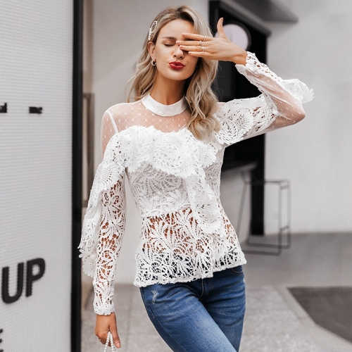 Ruffled lace mesh embroidery white women blouse shirt Elegant hollow out long sleeve female tops Sexy ladies party tops