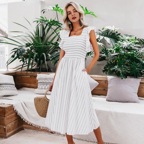 Vintage striped women long dress Ruffle linen blue elegant summer dress 2019 Casual cotton fashion female beach vestidos