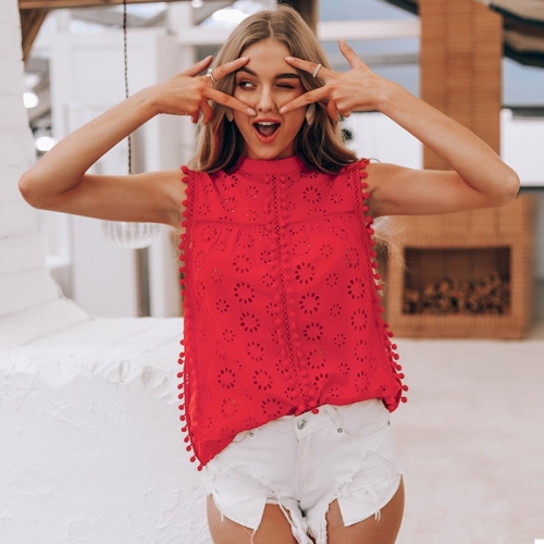 Elegant tank top women blouse Cotton embroidery red shirts feminina sexy top Stand neck tassel pompon ladies tops female