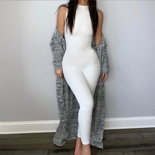 White fitness sleeveless jumpsuit romper women 2020 Summer overalls long jumpsuit female sexy solid bodycon playsuit