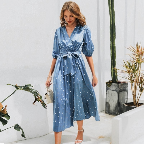 Polka dot women dress Elegant puff sleeve a line v neck sash party dress Wrap work wear streetwear retro maxi dress 2020