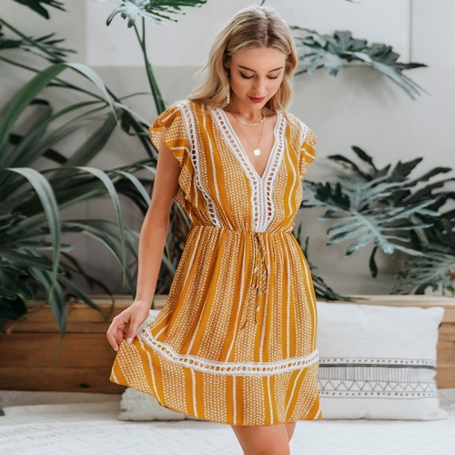 Women sleeveless boho dress Floral print ruffled high waist summer dress Beach wear casual chic cotton a line mini dress