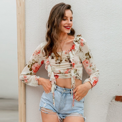 Sexy vintage floral print women blouse shirt Holiday beach summer style tops Cute square elegant solid slim blouses