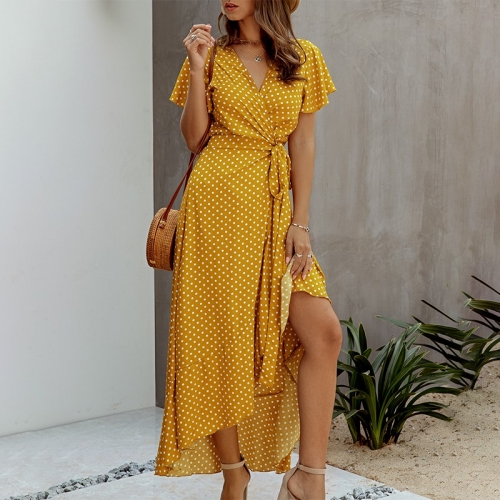 Sexy polka dot women dress Plus size ruffled high waist v neck summer dress Casual cotton a line belt holiday maxi dress