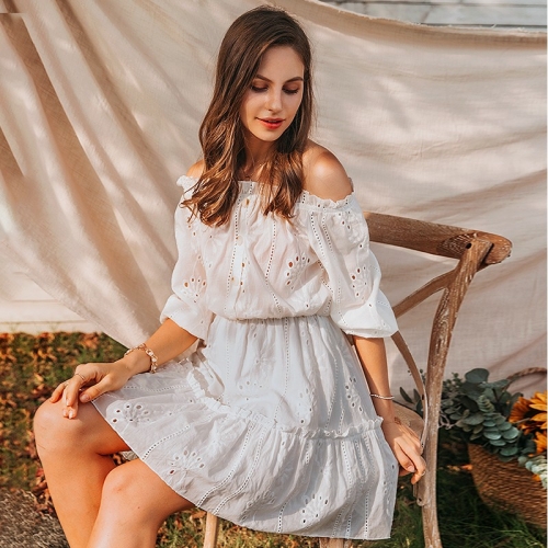 Women sexy white off shoulder dress Summer solid ruffle cotton dresses Vintage holiday beach short female vestidos