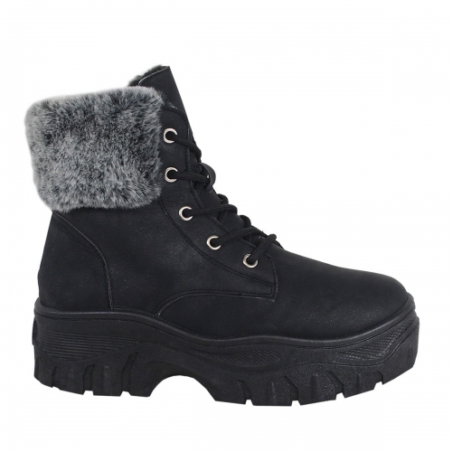 Faux Fur Collar Lace Up Chunky Hiker Boots