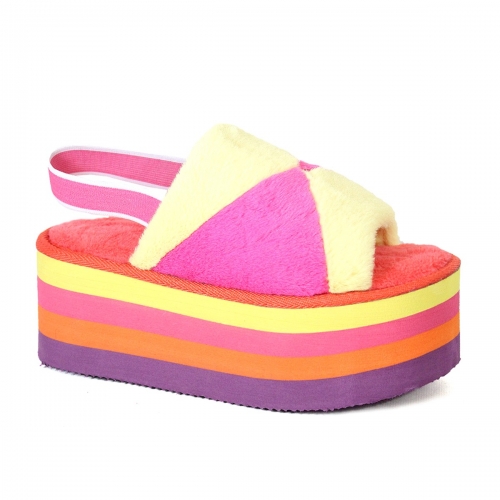 Color Striped Platform Sole Fluff Slides