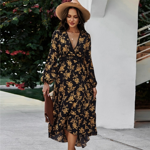 Boho Floral Print V-neck Dress