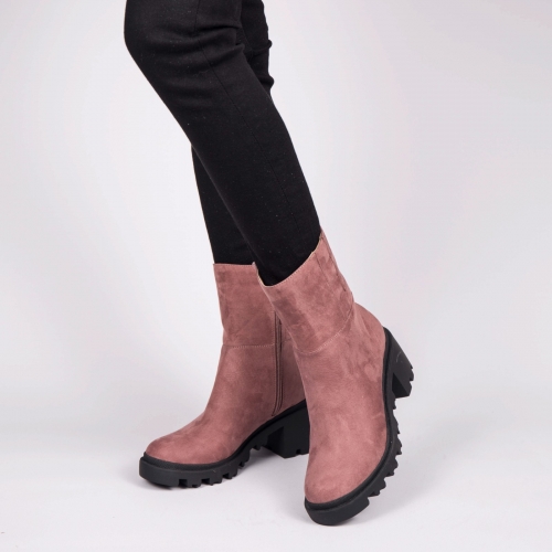 Suede Round Toe Chunky Heel Booties