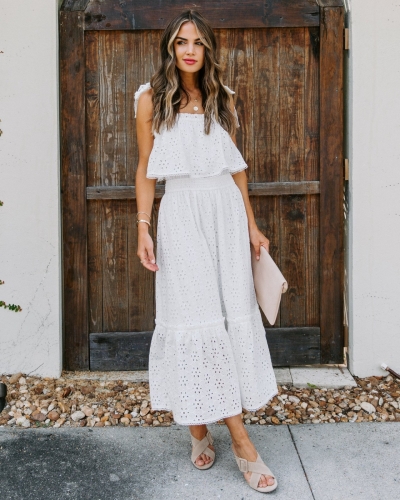 White Flower Crochet Midi Dress