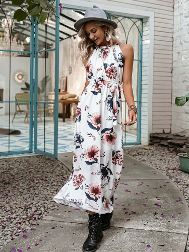 Sleeveless Halter Floral Print Dress