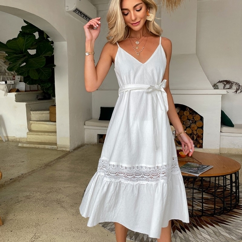 White Waist Tie Midi Dress