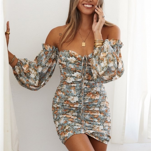 Floral Ruched Off Shoulder Mini Dress