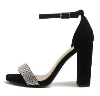 PU Rhinestone Ankle Strap Block Heels