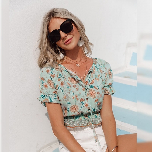 Boho Floral Button Up Ruff Blouse